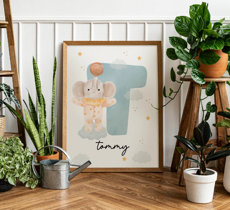 Custom Elephant Name Initial Poster | Personalized Nursery Decor