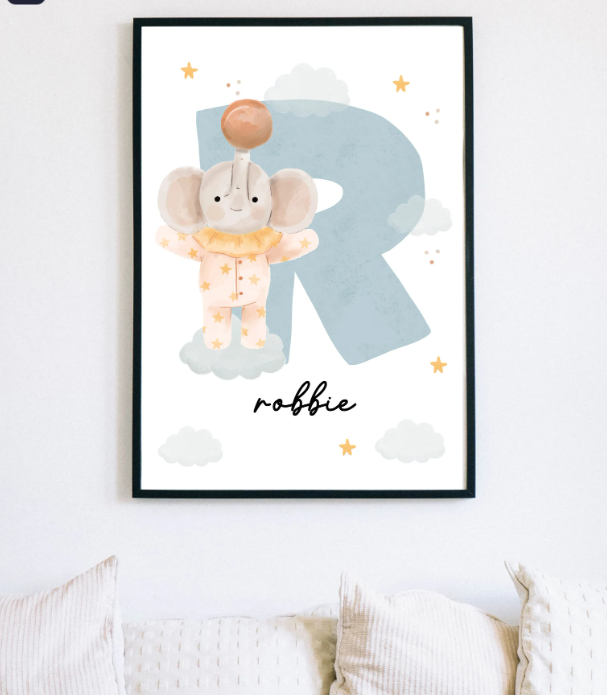 Custom Elephant Name Initial Poster | Personalized Nursery Decor
