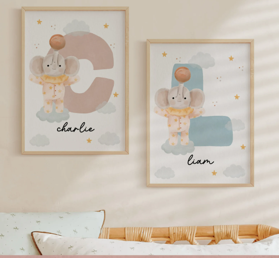 Custom Elephant Name Initial Poster | Personalized Nursery Decor