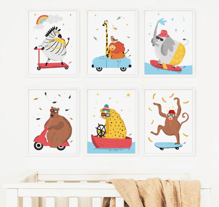 Funny Safari Animals Poster Set | Giraffe, Bear, Cheetah, Lion, Monkey, Zebra, Elephant Print