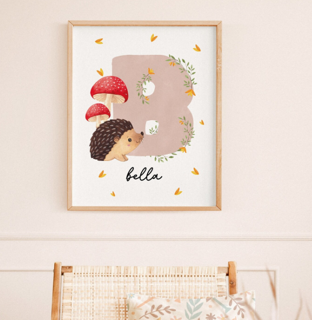 Porcupine Name Initial Poster | Personalized Hedgehog Nursery Decor