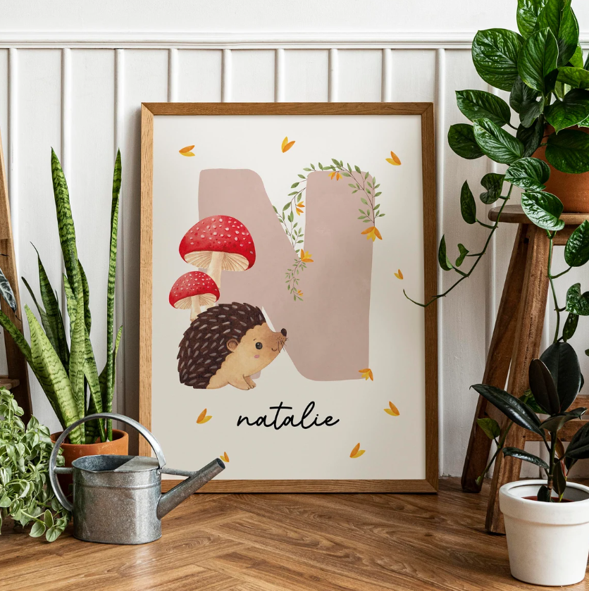 Porcupine Name Initial Poster | Personalized Hedgehog Nursery Decor