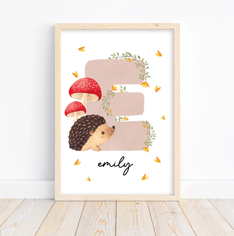 Porcupine Name Initial Poster | Personalized Hedgehog Nursery Decor