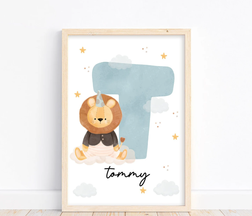 Custom Lion Name Initial Poster | Personalized Nursery Decor