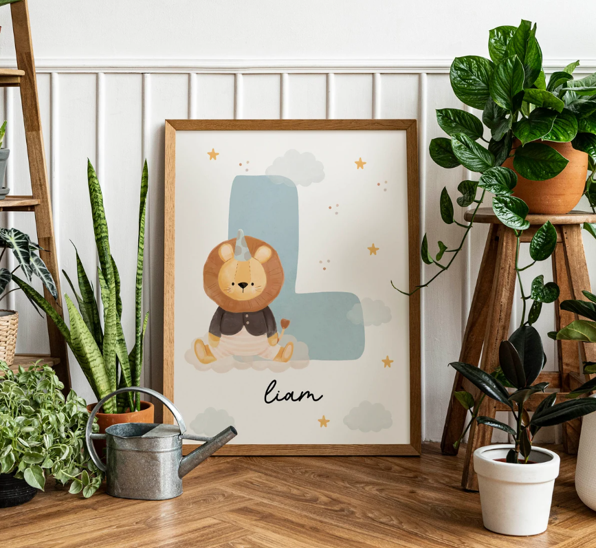 Custom Lion Name Initial Poster | Personalized Nursery Decor