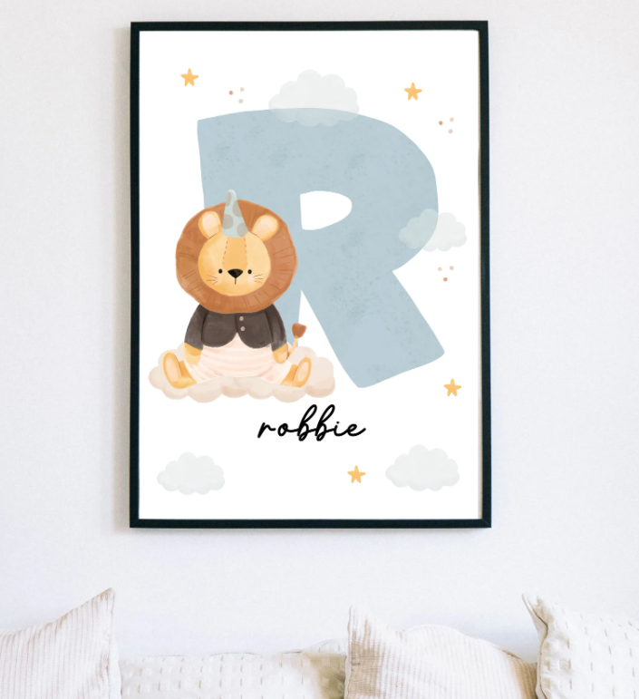 Custom Lion Name Initial Poster | Personalized Nursery Decor