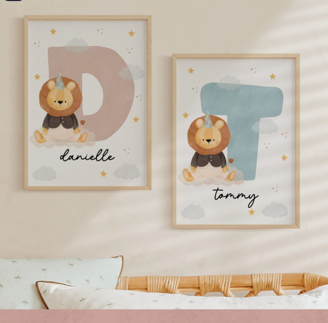 Custom Lion Name Initial Poster | Personalized Nursery Decor