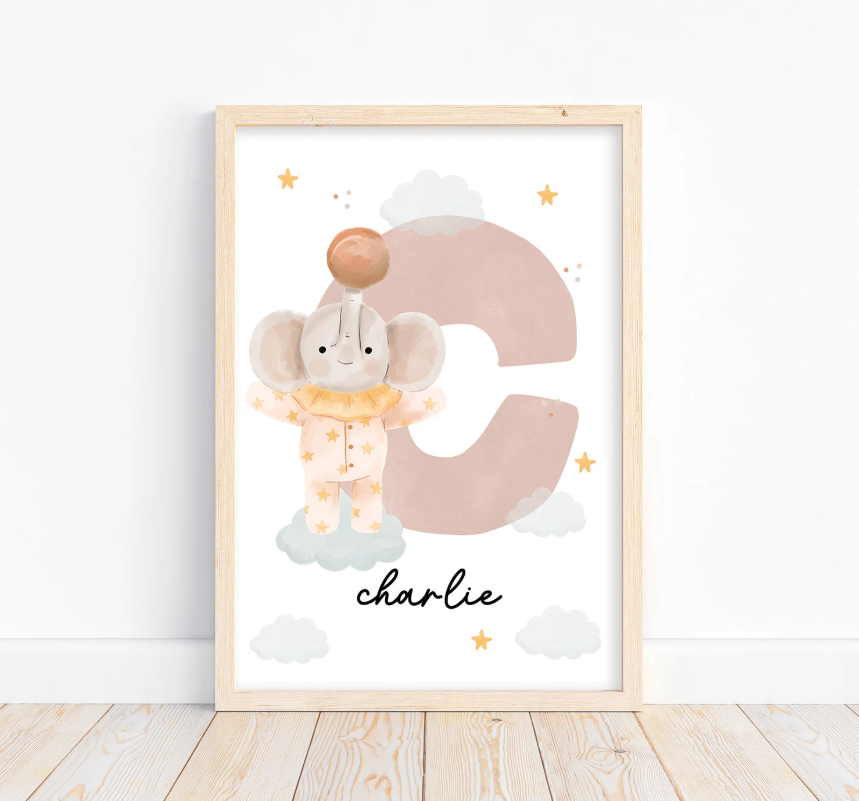 Custom Elephant Name Initial Poster | Personalized Nursery Decor