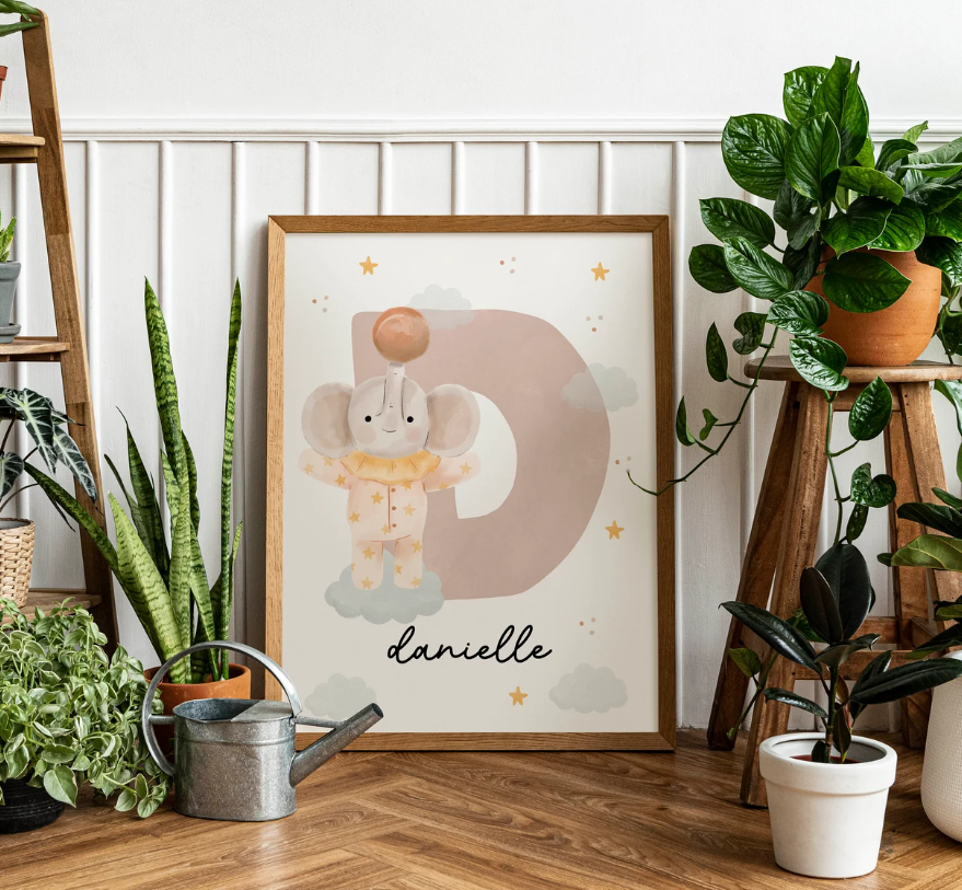 Custom Elephant Name Initial Poster | Personalized Nursery Decor