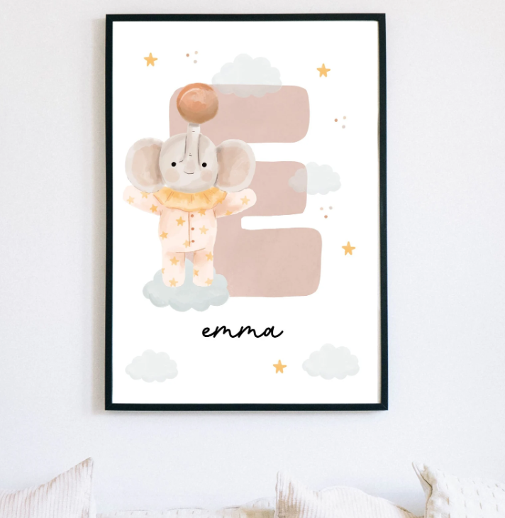 Custom Elephant Name Initial Poster | Personalized Nursery Decor