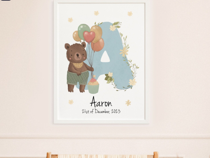 Custom Bear Name Initial Print | Personalized Watercolor Birth Poster