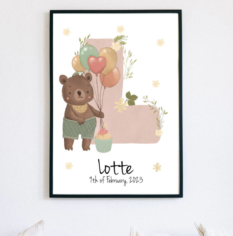 Custom Bear Name Initial Print | Personalized Watercolor Birth Poster