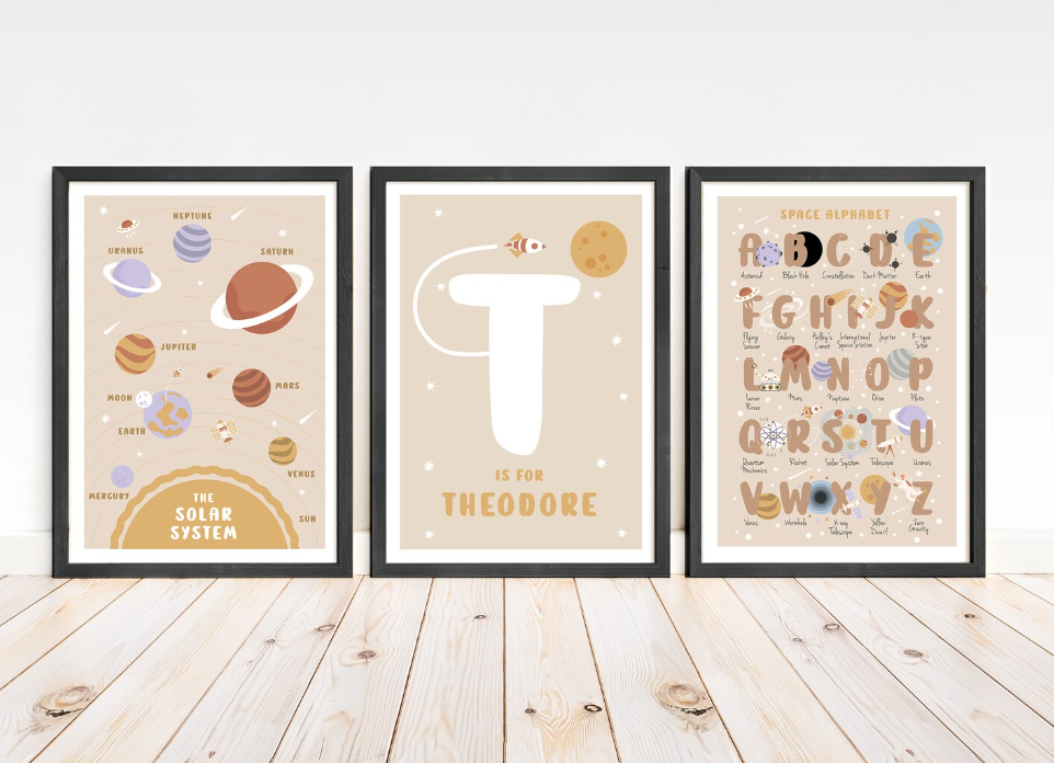 Space Name Initial Poster Set | Alphabet & Solar System Prints