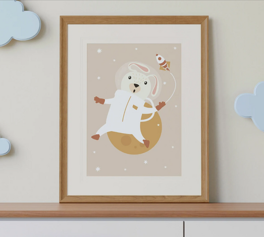 Bunny Astronaut Nursery Wall Art | Rabbit in Space Poster