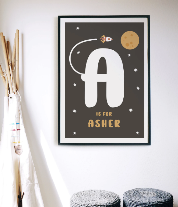 Outer Space Initial Letter Print | Personalized Baby Name Poster