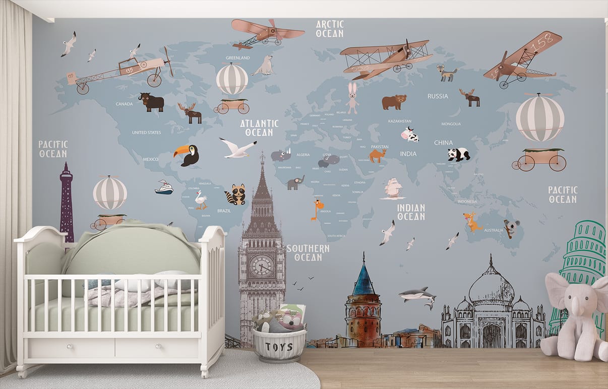 Pastel Blue World Map Wallpaper for Children Room
