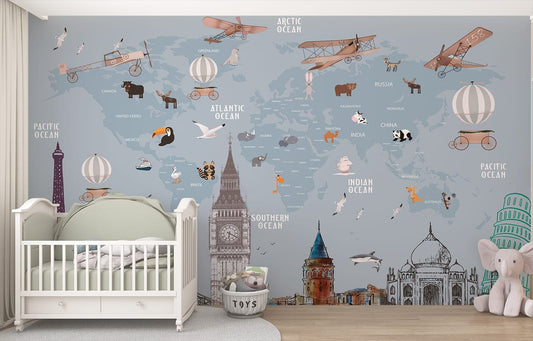Pastel Blue World Map Wallpaper for Children Room