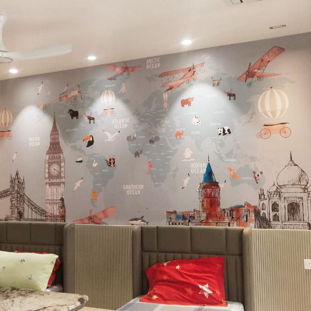 Pastel Blue World Map Wallpaper for Children Room