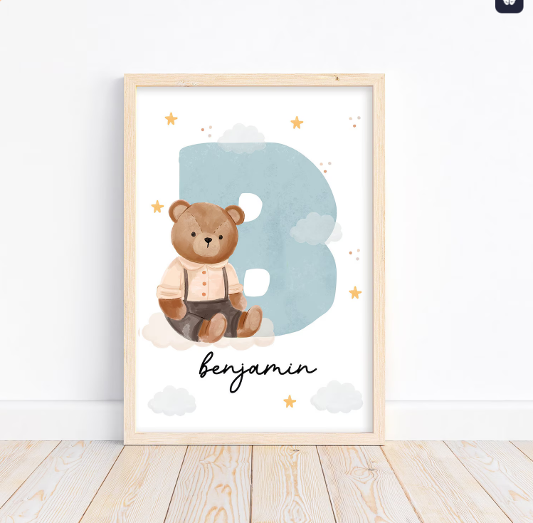 Custom Teddy Bear Name Initial Poster | Personalized Nursery Decor