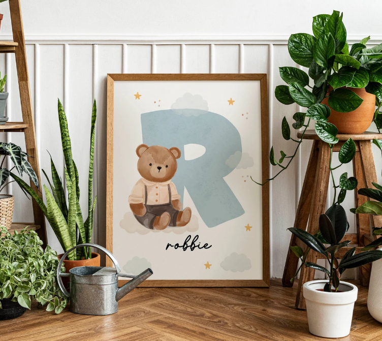 Custom Teddy Bear Name Initial Poster | Personalized Nursery Decor