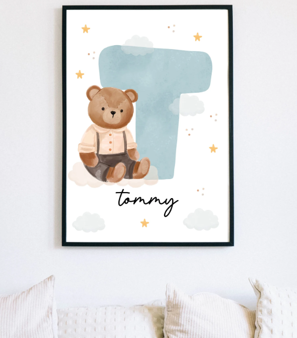 Custom Teddy Bear Name Initial Poster | Personalized Nursery Decor