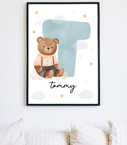 Custom Teddy Bear Name Initial Poster | Personalized Nursery Decor