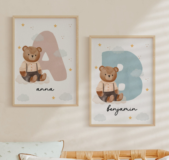 Custom Teddy Bear Name Initial Poster | Personalized Nursery Decor