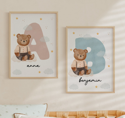 Custom Teddy Bear Name Initial Poster | Personalized Nursery Decor