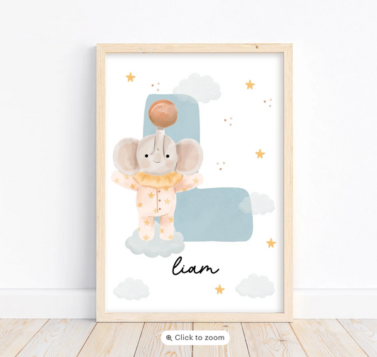 Custom Elephant Name Initial Poster | Personalized Nursery Decor