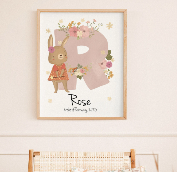 Pink Bunny Wall Art | Woodland Name Personalized Initial