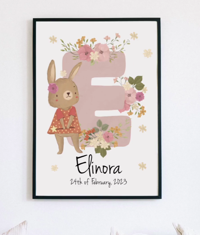 Pink Bunny Wall Art | Woodland Name Personalized Initial