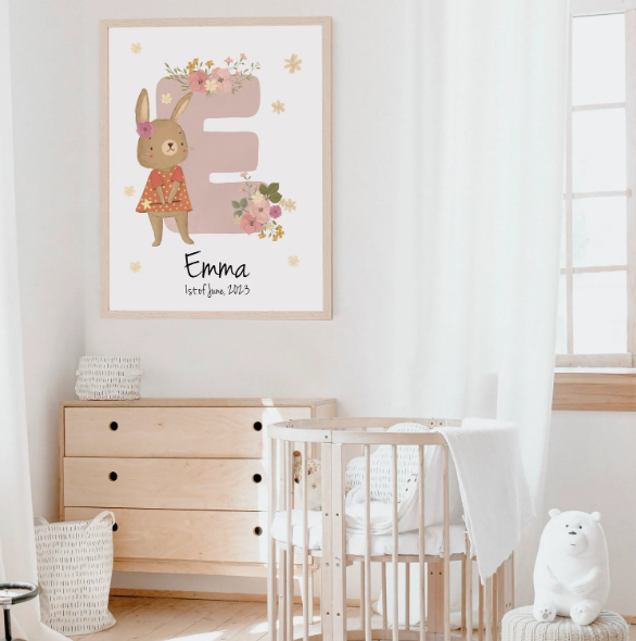 Pink Bunny Wall Art | Woodland Name Personalized Initial