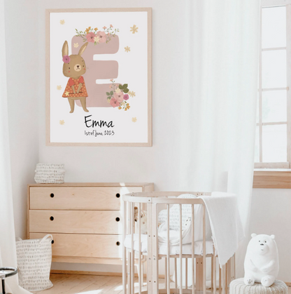 Pink Bunny Wall Art | Woodland Name Personalized Initial