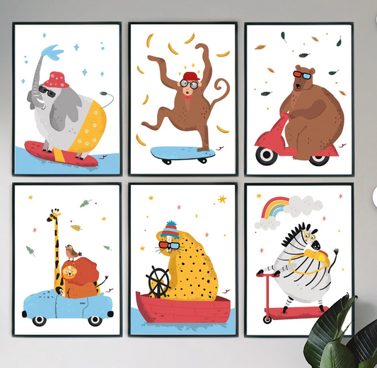 Funny Safari Animals Poster Set | Giraffe, Bear, Cheetah, Lion, Monkey, Zebra, Elephant Print