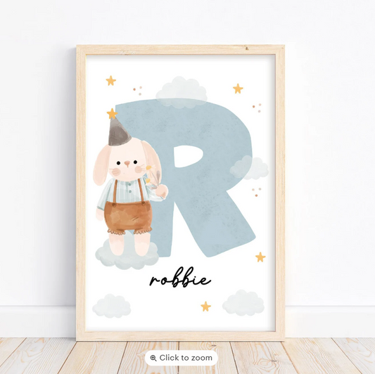 Custom Bunny Name Initial Poster | Personalized Nursery Decor