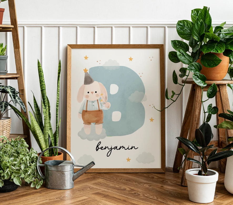 Custom Bunny Name Initial Poster | Personalized Nursery Decor