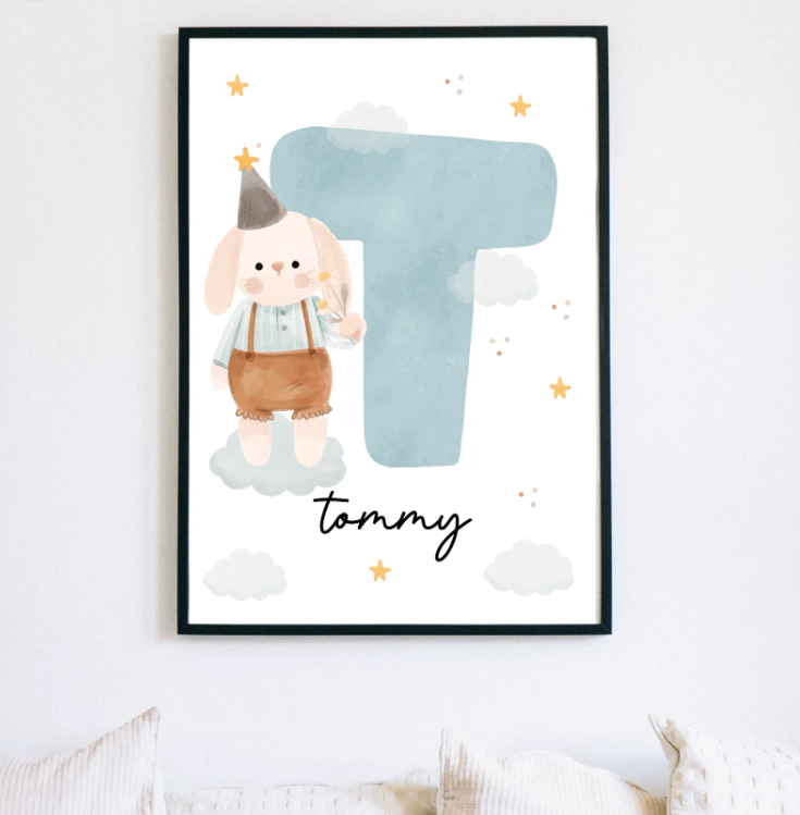 Custom Bunny Name Initial Poster | Personalized Nursery Decor