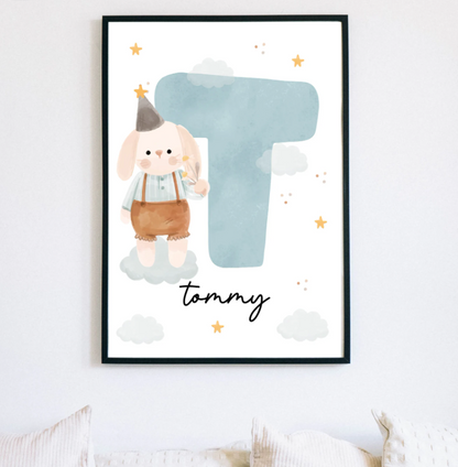 Custom Bunny Name Initial Poster | Personalized Nursery Decor