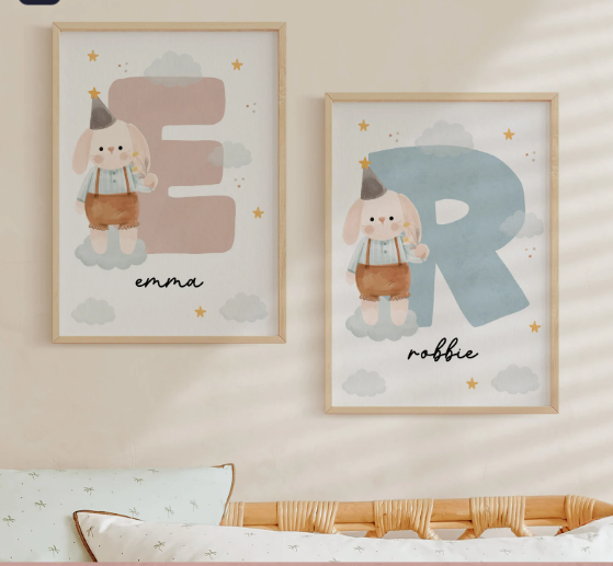 Custom Bunny Name Initial Poster | Personalized Nursery Decor