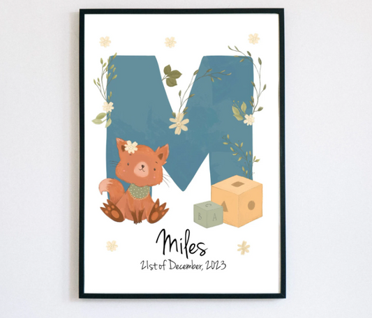 Custom Fox Name Initial Print | Personalized Watercolor Birth Poster