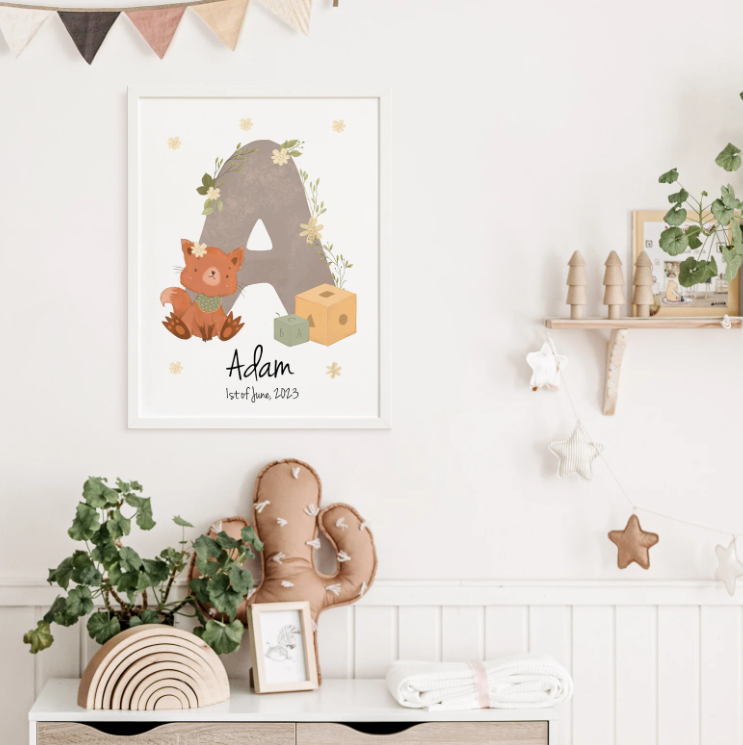 Custom Fox Name Initial Print | Personalized Watercolor Birth Poster
