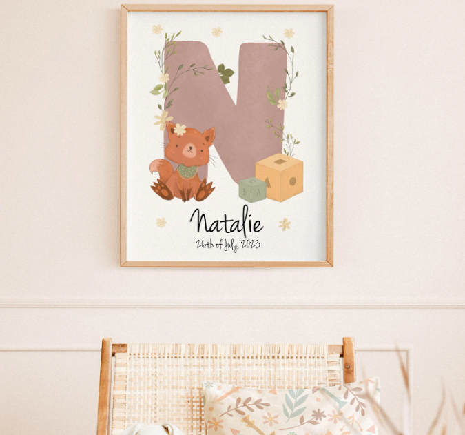 Custom Fox Name Initial Print | Personalized Watercolor Birth Poster