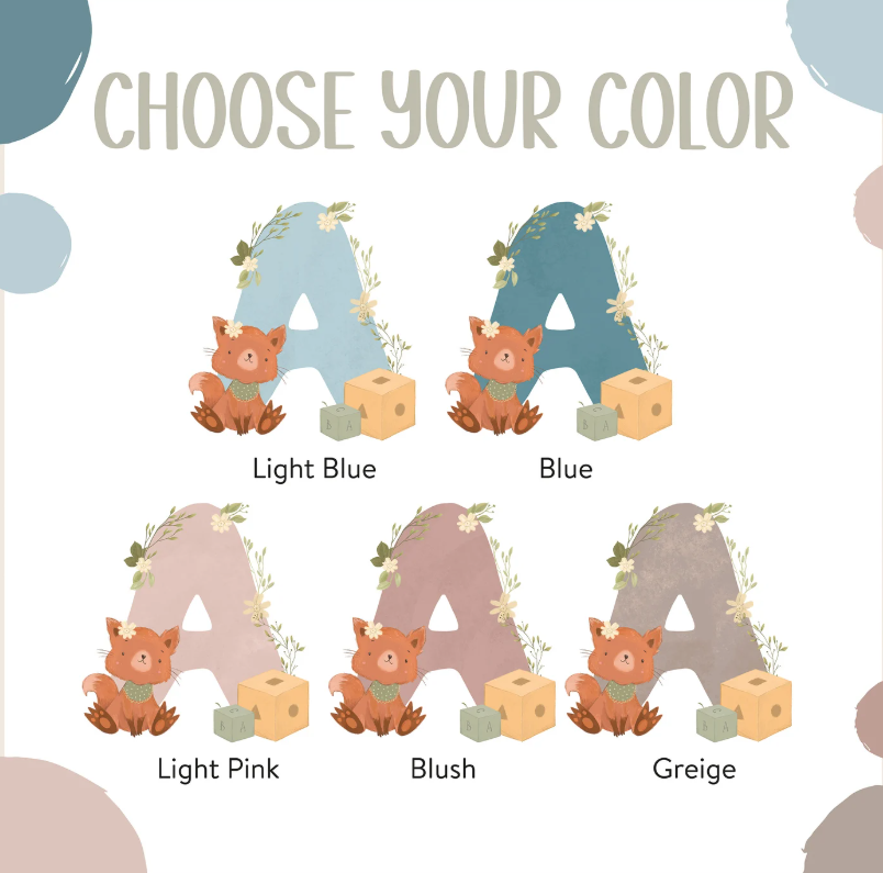 Custom Fox Name Initial Print | Personalized Watercolor Birth Poster