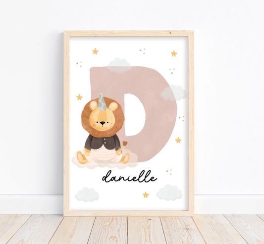 Custom Lion Name Initial Poster | Personalized Nursery Decor
