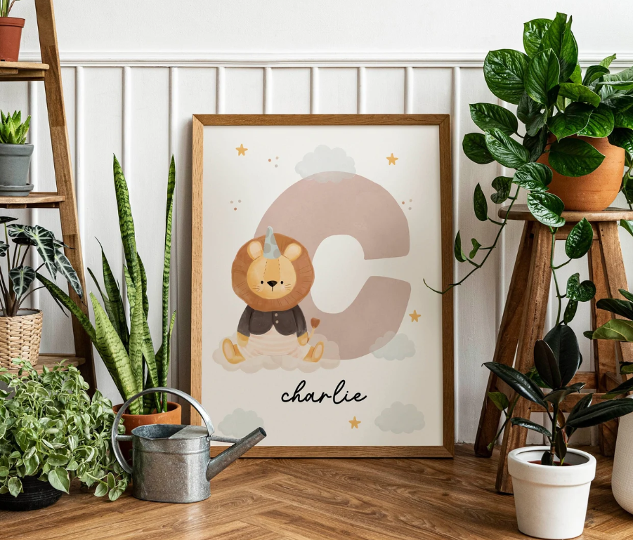 Custom Lion Name Initial Poster | Personalized Nursery Decor