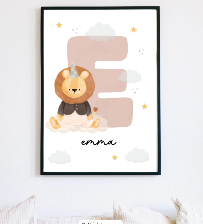 Custom Lion Name Initial Poster | Personalized Nursery Decor