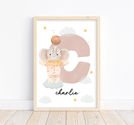 Custom Elephant Name Initial Poster | Personalized Nursery Decor
