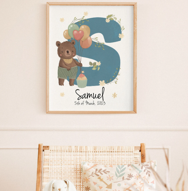 Custom Bear Name Initial Print | Personalized Watercolor Birth Poster
