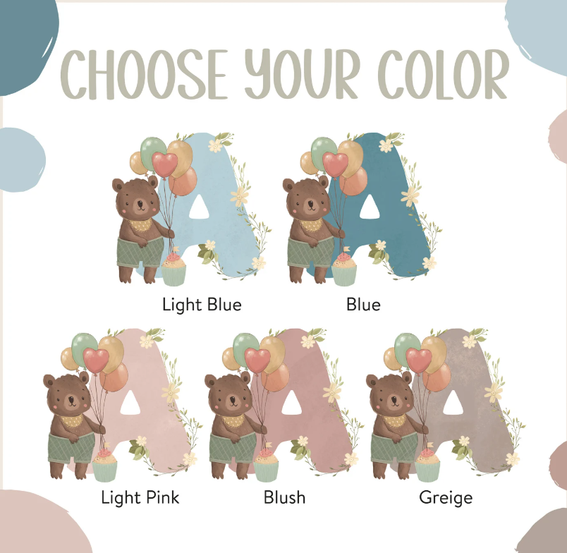 Custom Bear Name Initial Print | Personalized Watercolor Birth Poster