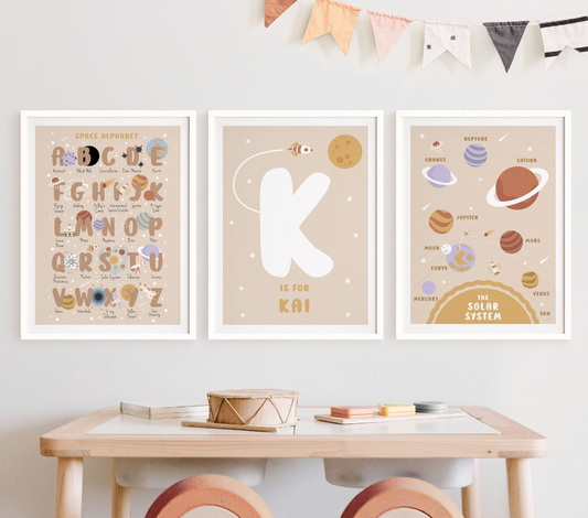 Space Name Initial Poster Set | Alphabet & Solar System Prints